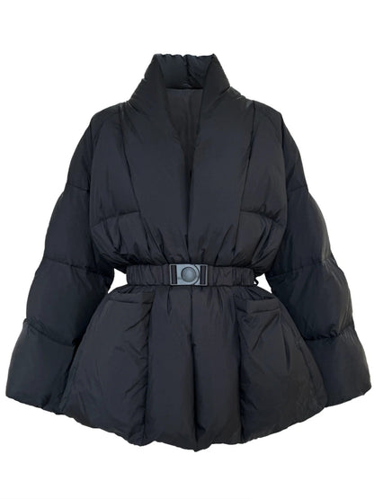 Black Belted Cotton-Padded Jacket with Kimono Collar