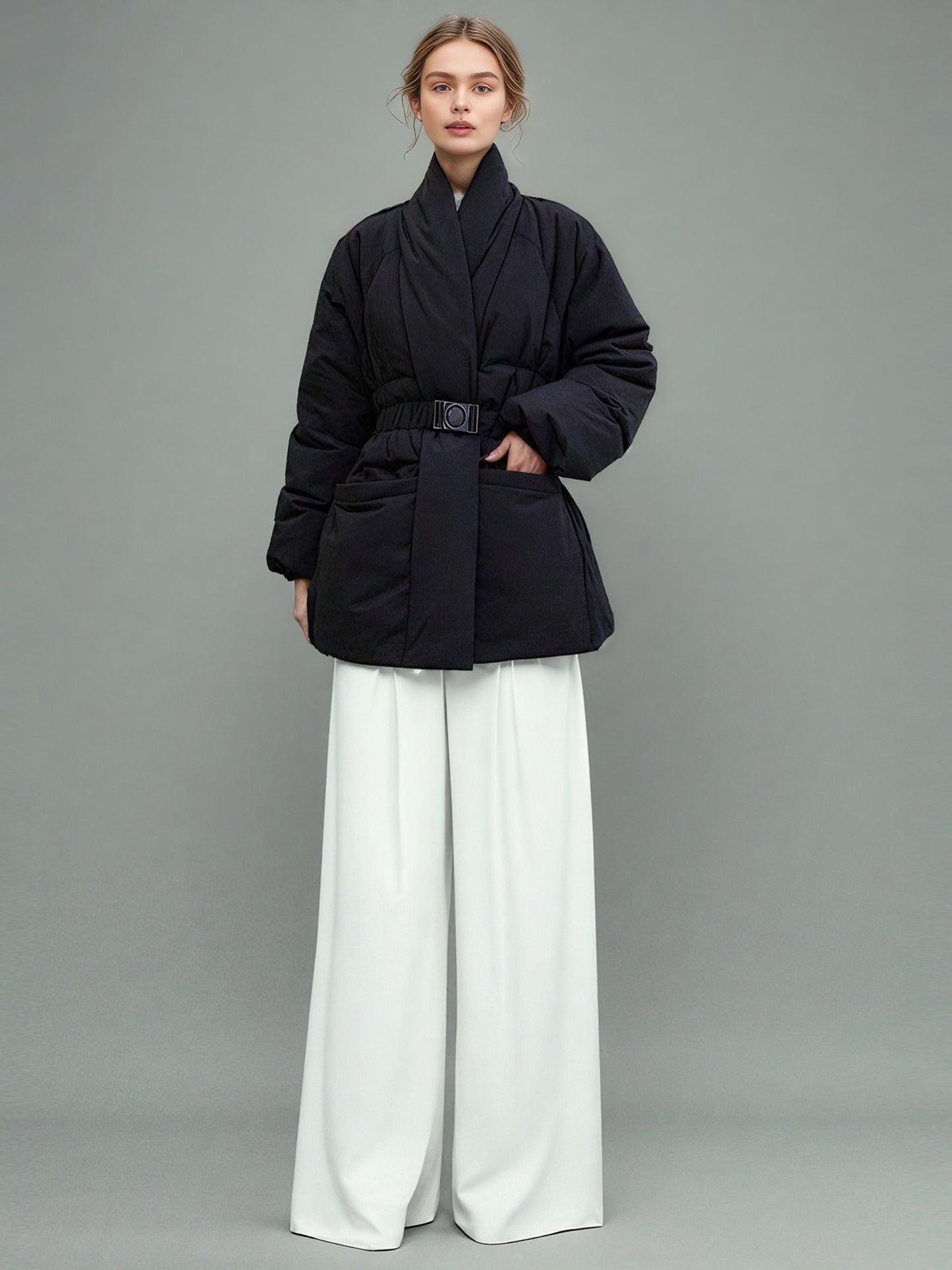 Black Belted Cotton-Padded Jacket with Kimono Collar