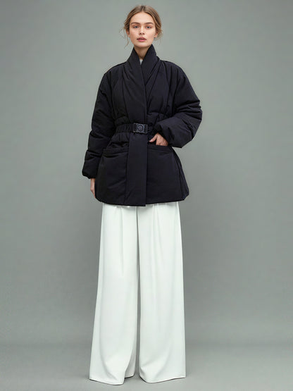 Black Belted Cotton-Padded Jacket with Kimono Collar