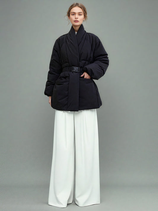 Black Belted Cotton-Padded Jacket with Kimono Collar