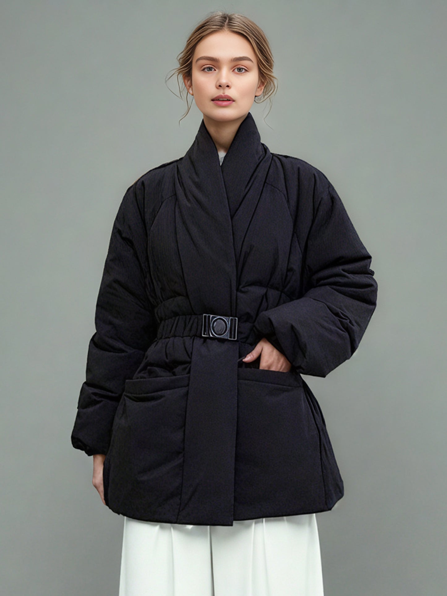 Black Belted Cotton-Padded Jacket with Kimono Collar
