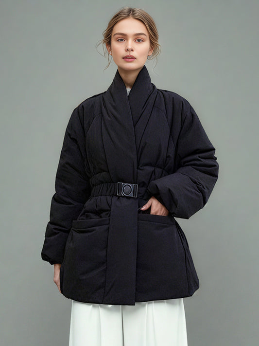 Black Belted Cotton-Padded Jacket with Kimono Collar