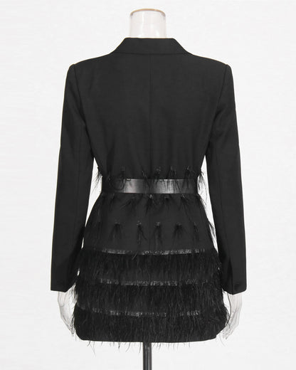 Black Blazer Dress with Feather Trim
