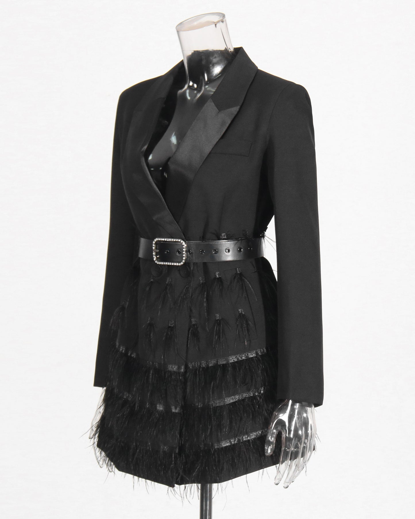 Black Blazer Dress with Feather Trim