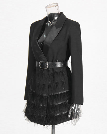 Black Blazer Dress with Feather Trim