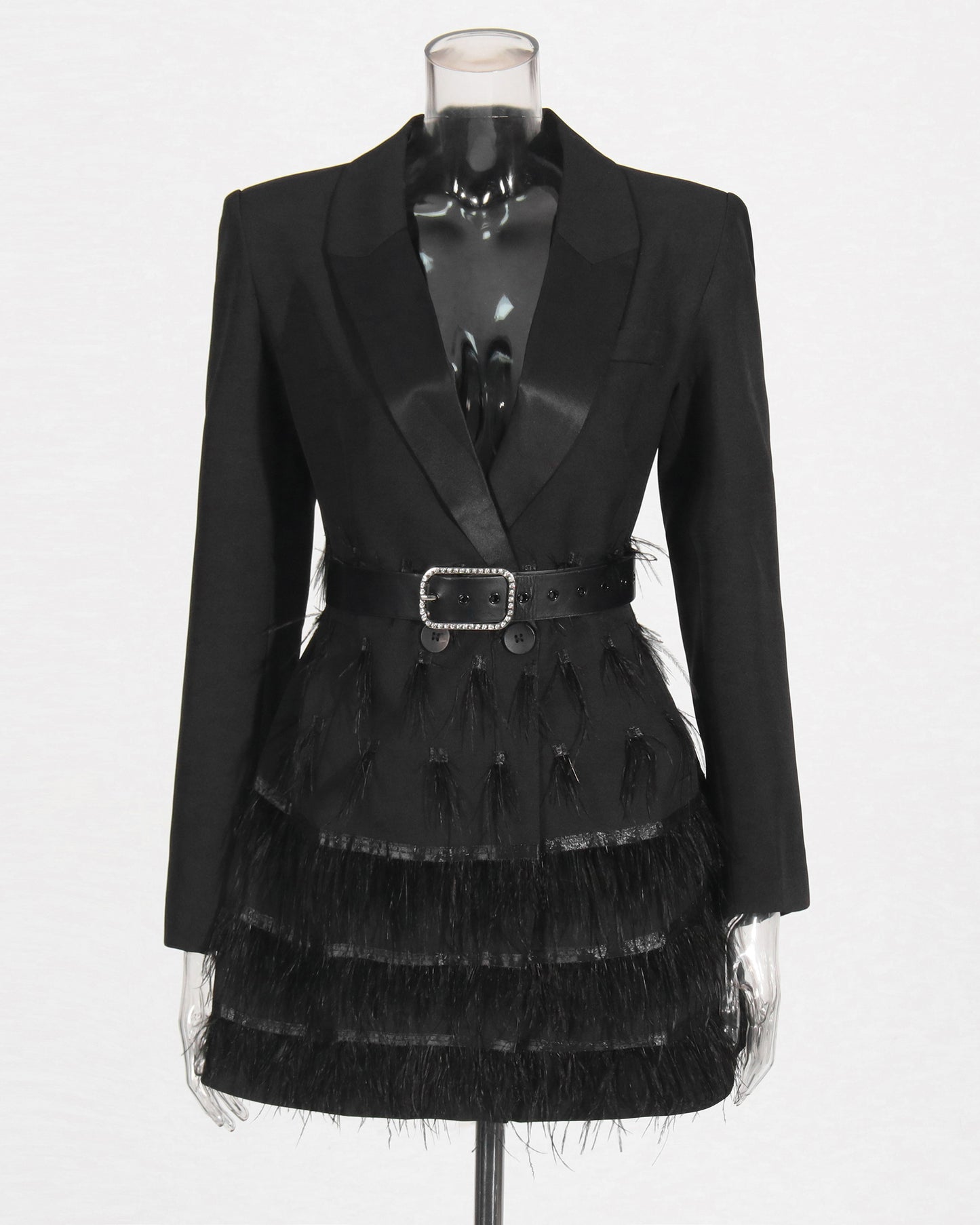 Black Blazer Dress with Feather Trim