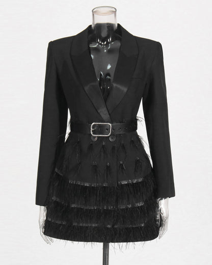 Black Blazer Dress with Feather Trim