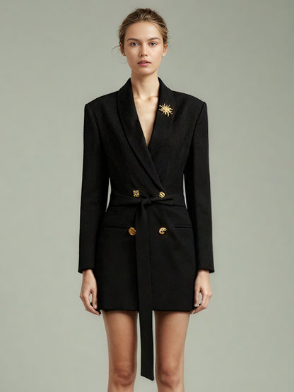 Black Blazer with Gold Button & Sun Brooch
