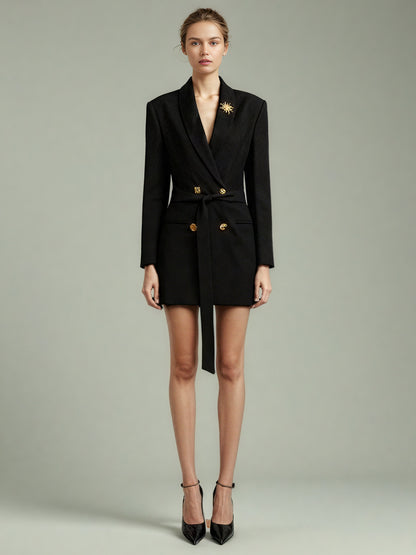 Black Blazer with Gold Button & Sun Brooch
