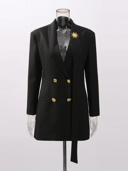 Black Blazer with Gold Button & Sun Brooch