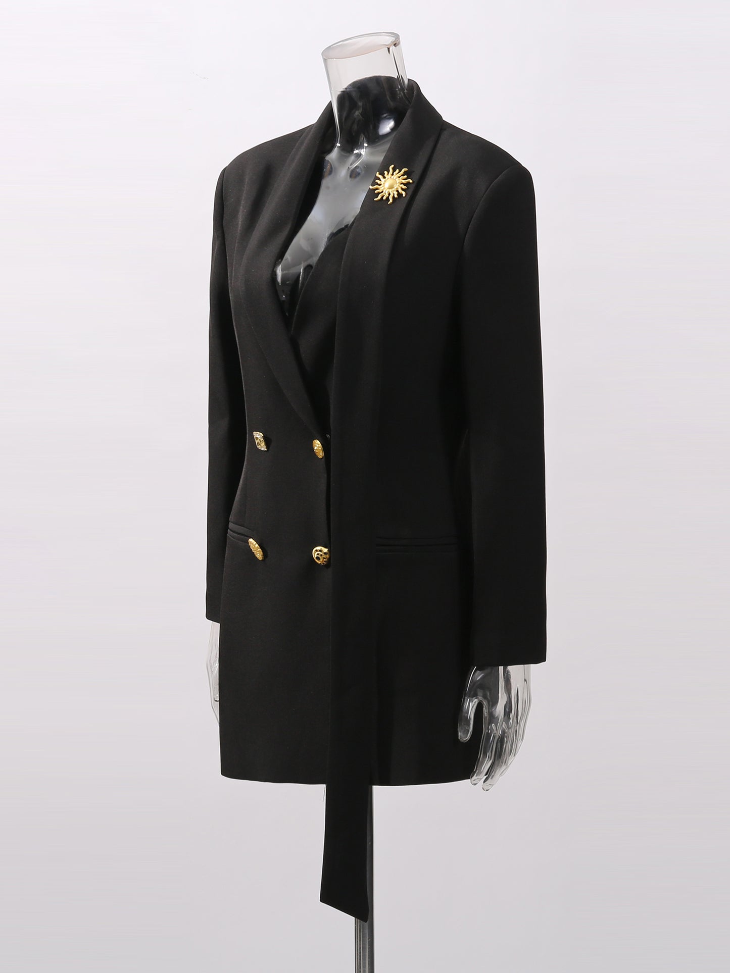 Black Blazer with Gold Button & Sun Brooch