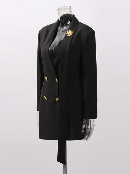 Black Blazer with Gold Button & Sun Brooch