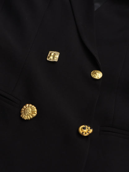 Black Blazer with Gold Button & Sun Brooch