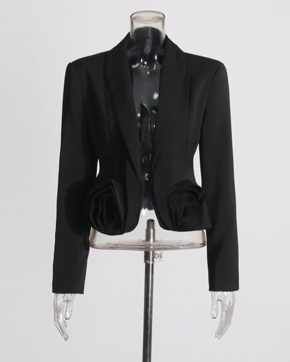 Black Blazer with 3D Rose Accents