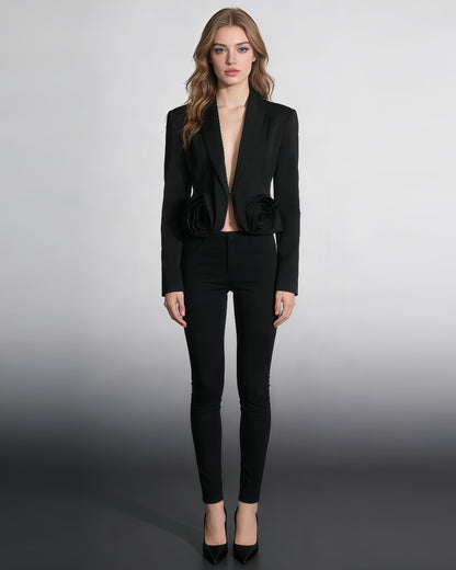 Black Blazer with 3D Rose Accents