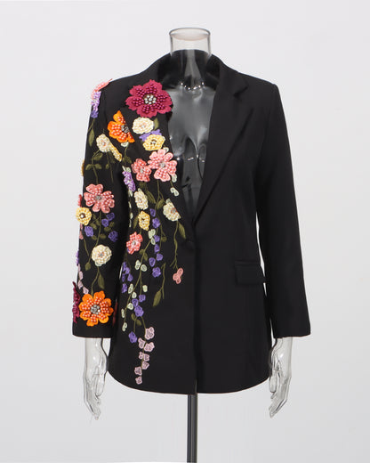 Black Blazer with Colorful 3D Floral Embroidery