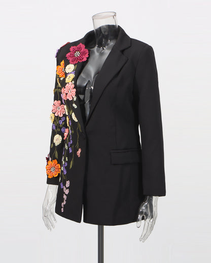 Black Blazer with Colorful 3D Floral Embroidery