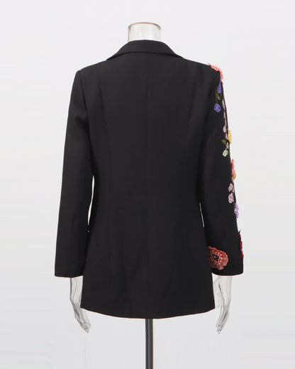 Black Blazer with Colorful 3D Floral Embroidery