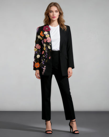 Black Blazer with Colorful 3D Floral Embroidery