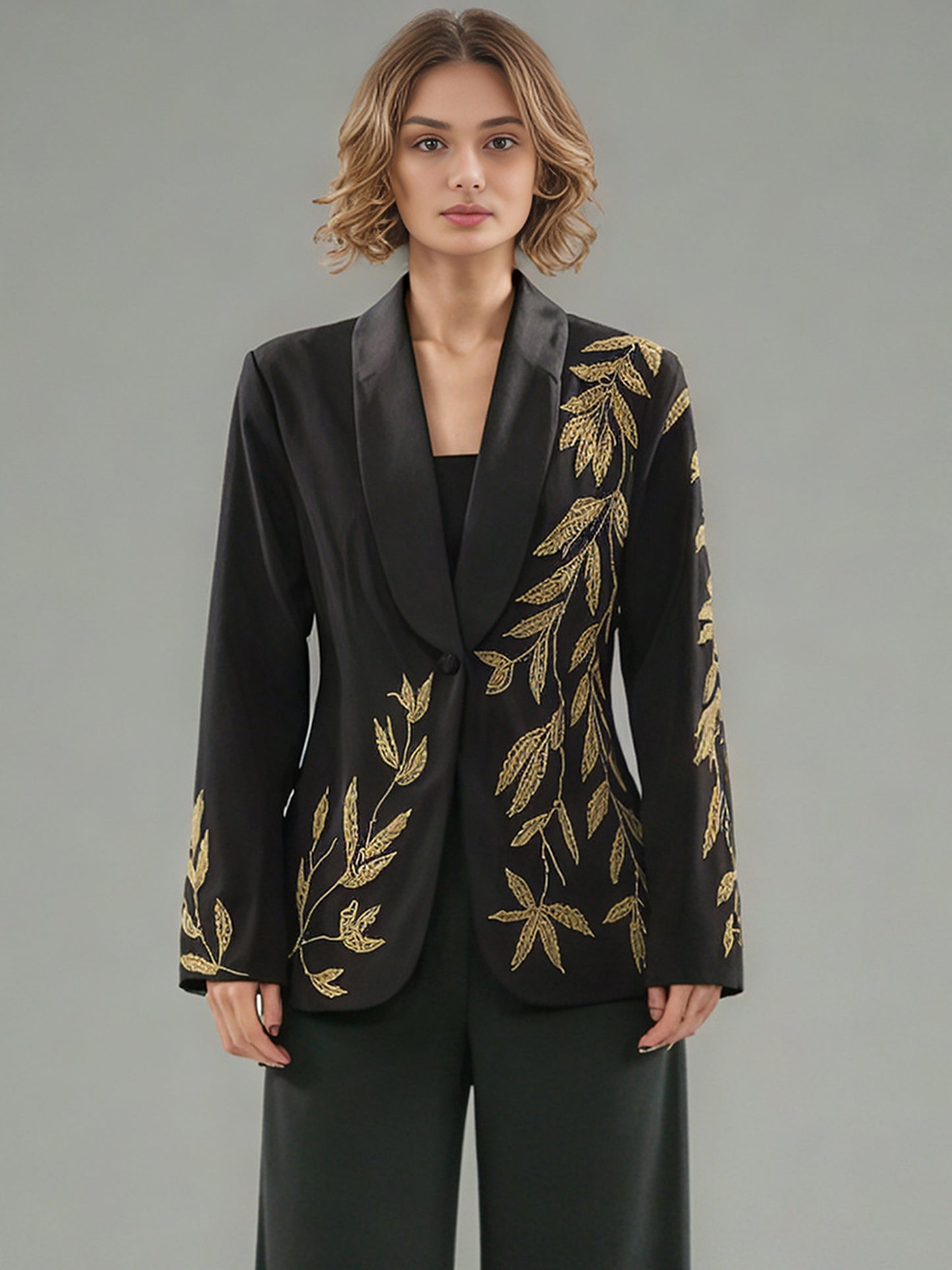 Black Blazer with Gold Leaf Embroidery & Satin Lapel