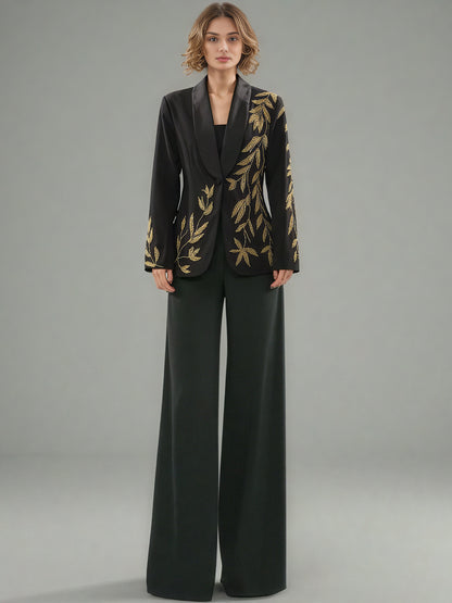 Black Blazer with Gold Leaf Embroidery & Satin Lapel