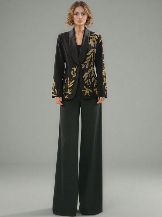 Black Blazer with Gold Leaf Embroidery & Satin Lapel