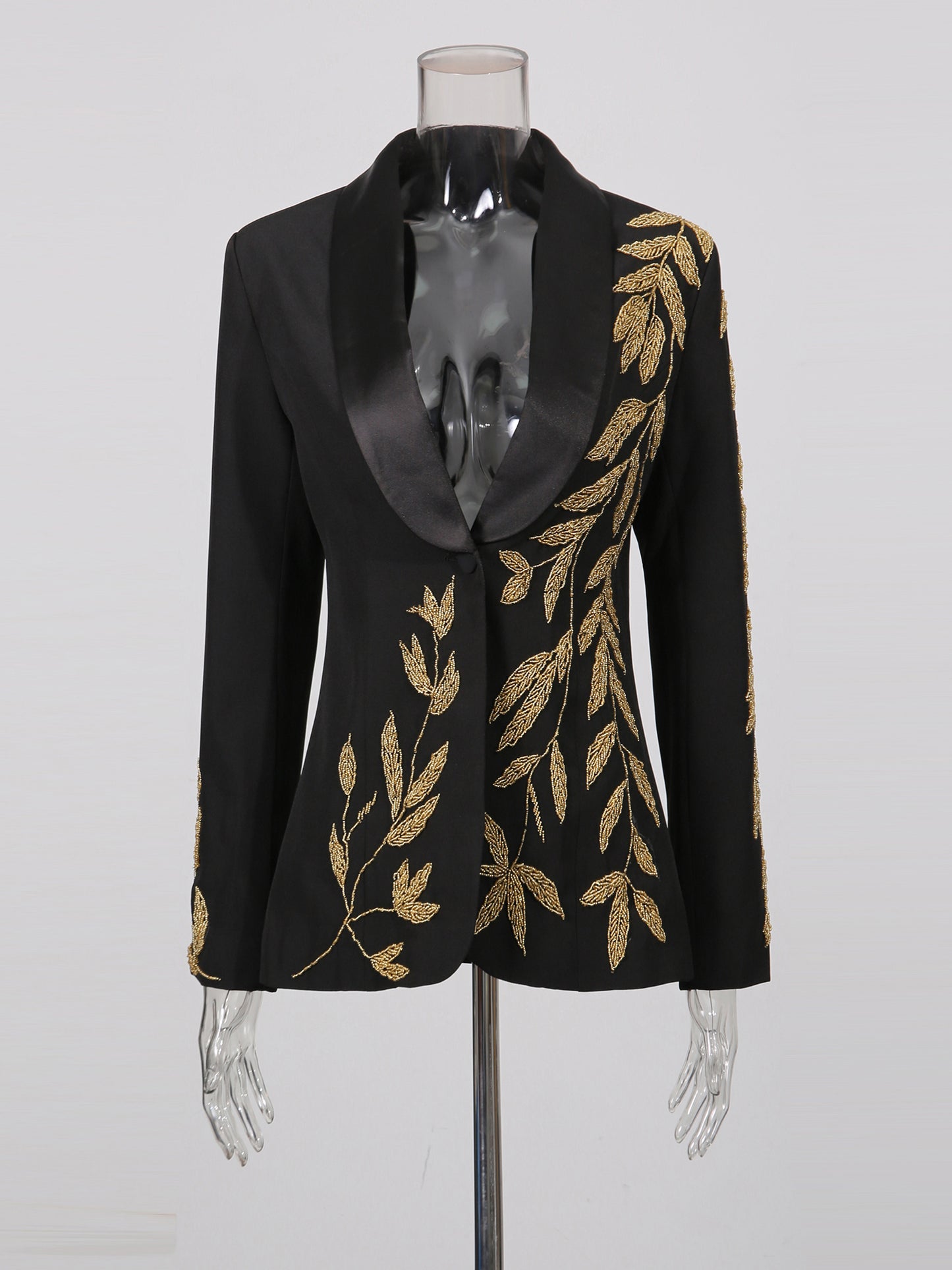 Black Blazer with Gold Leaf Embroidery & Satin Lapel