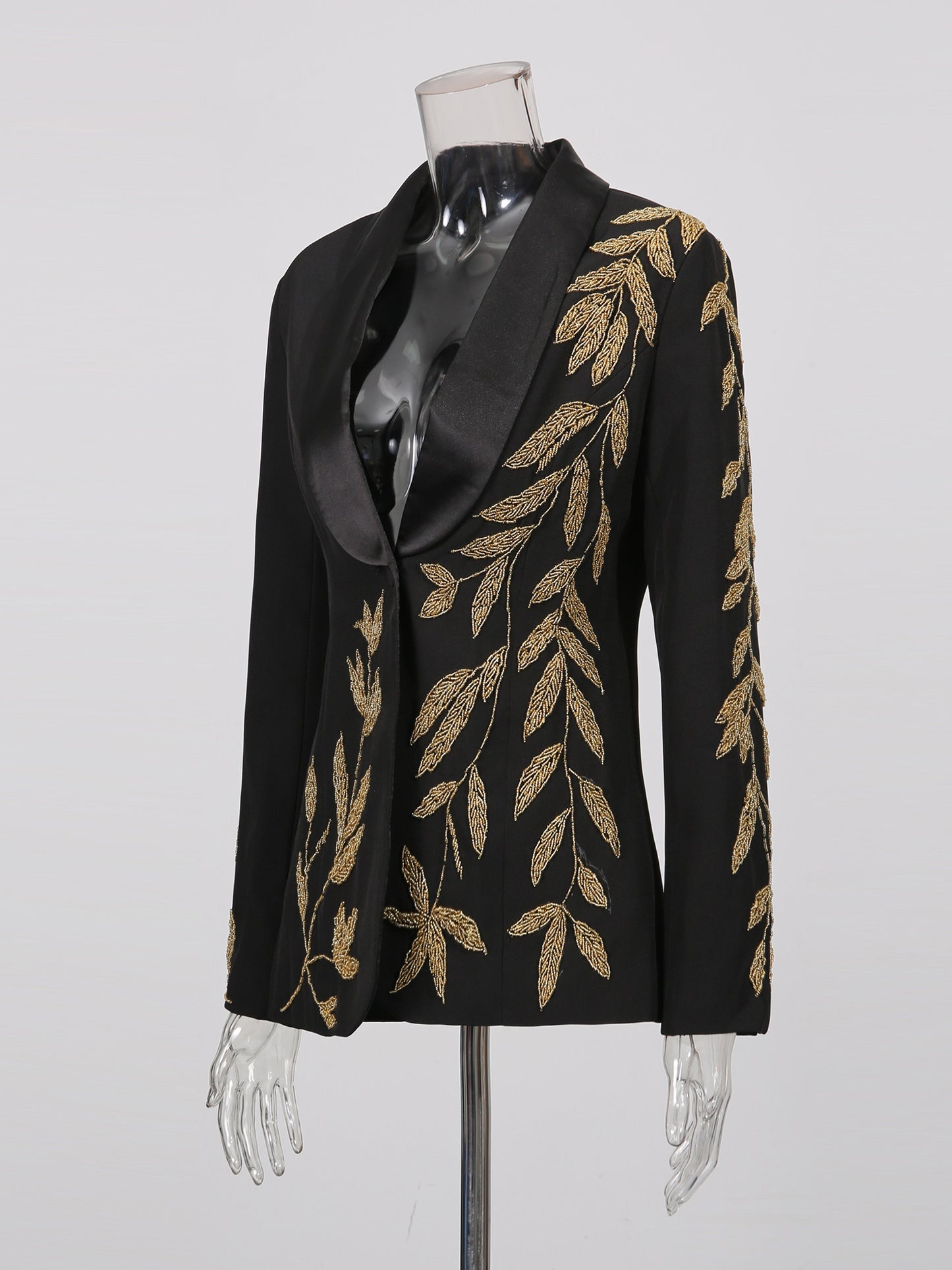 Black Blazer with Gold Leaf Embroidery & Satin Lapel