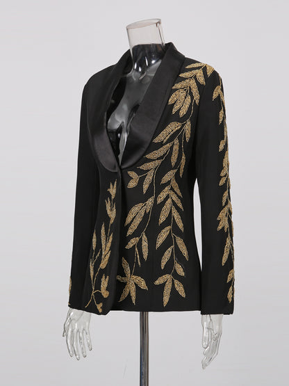 Black Blazer with Gold Leaf Embroidery & Satin Lapel