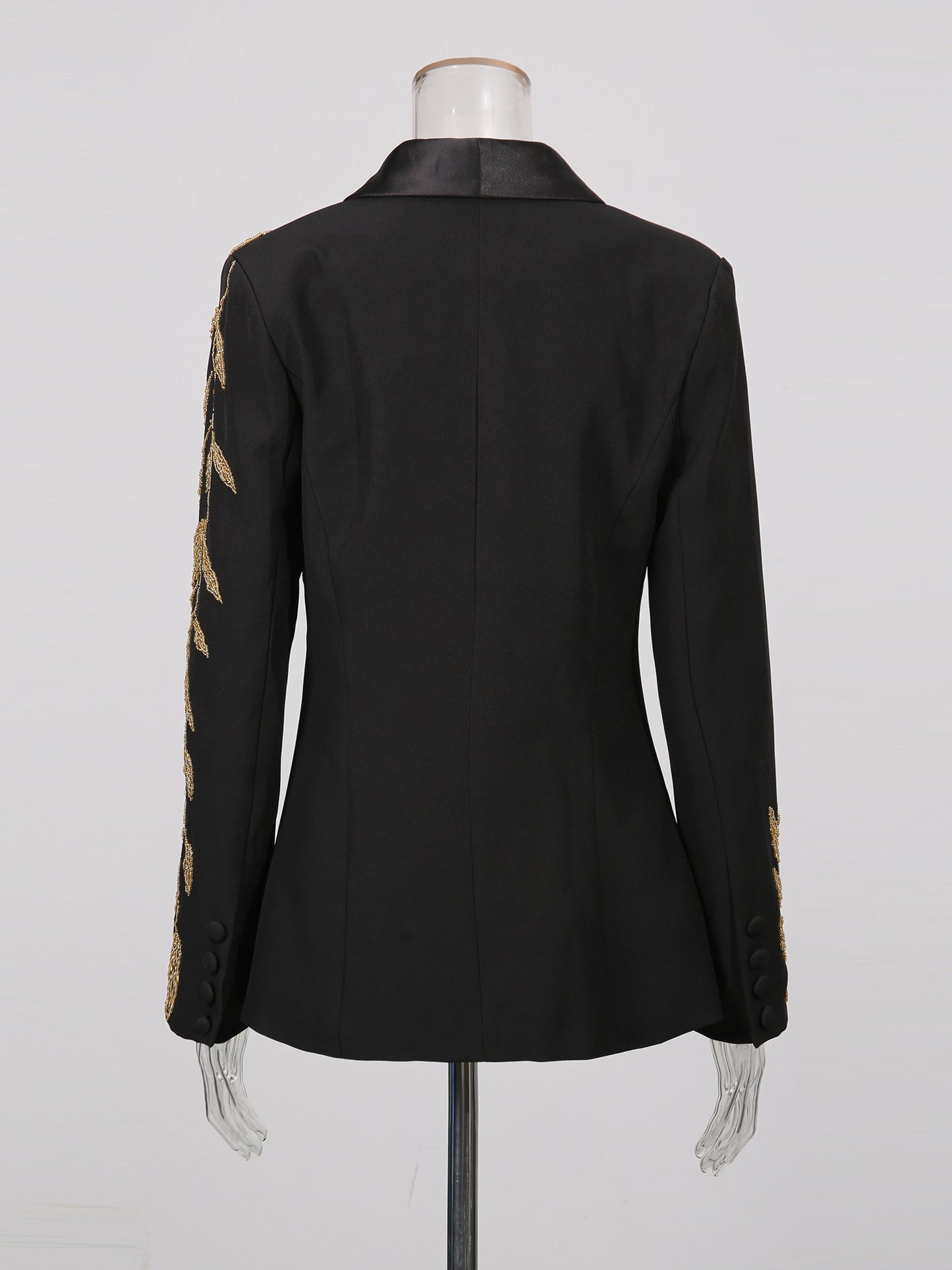 Black Blazer with Gold Leaf Embroidery & Satin Lapel