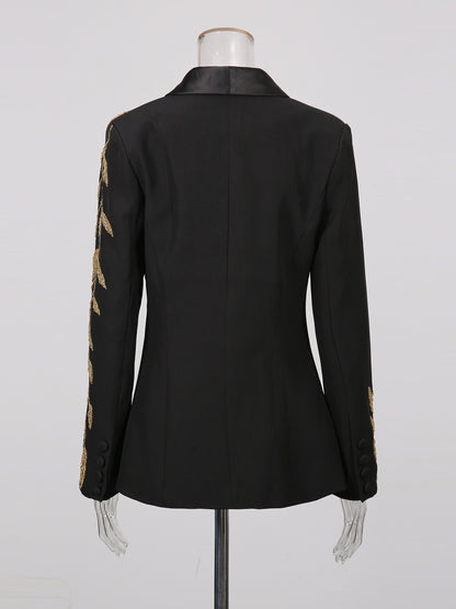 Black Blazer with Gold Leaf Embroidery & Satin Lapel