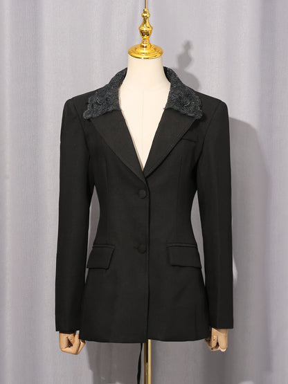 Black Blazer with Lace Collar & Back Cutout Detail