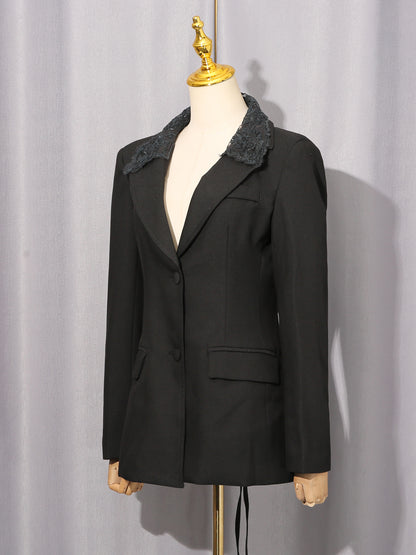 Black Blazer with Lace Collar & Back Cutout Detail