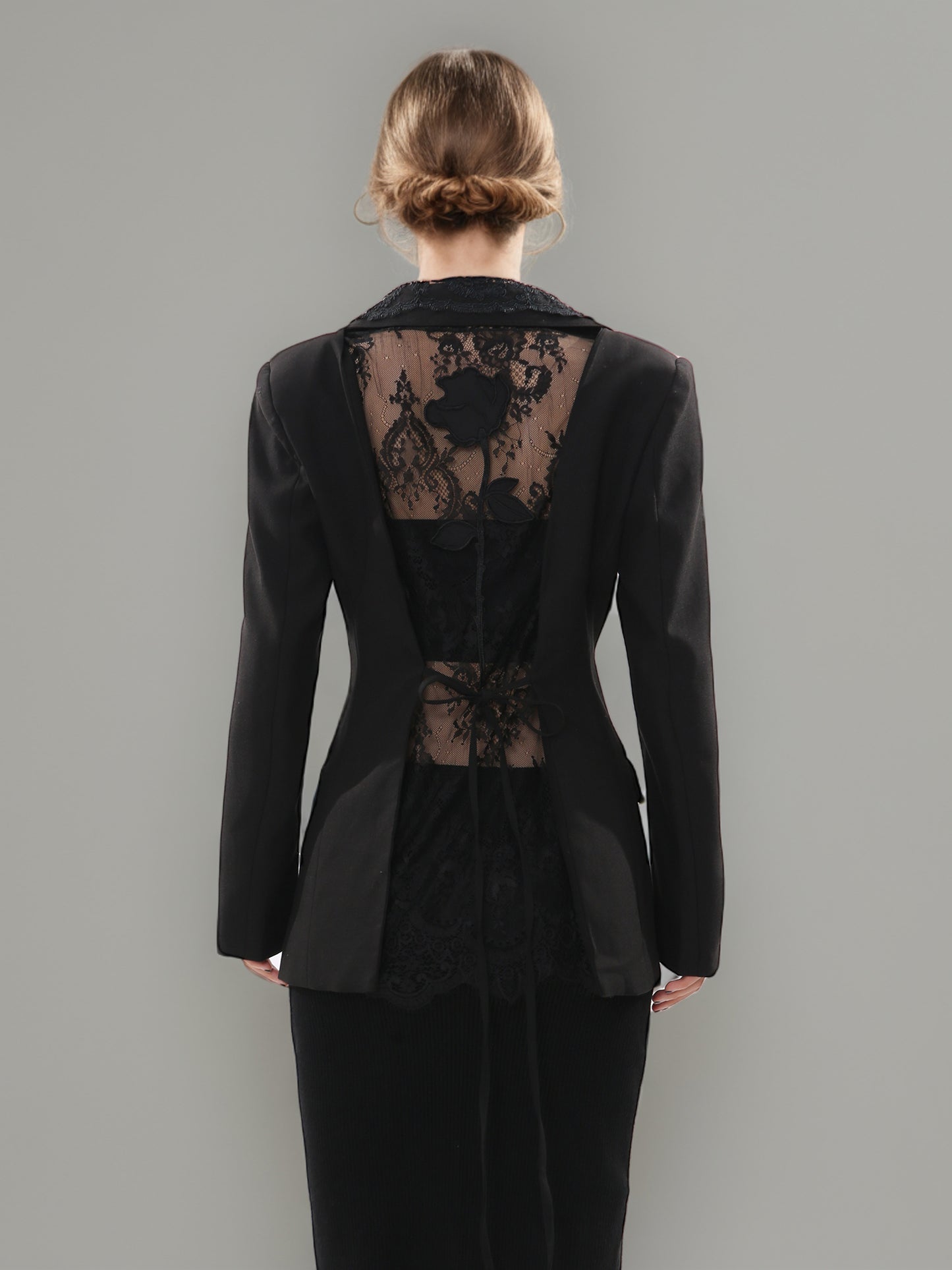 Black Blazer with Lace Collar & Back Cutout Detail