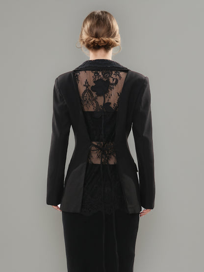 Black Blazer with Lace Collar & Back Cutout Detail