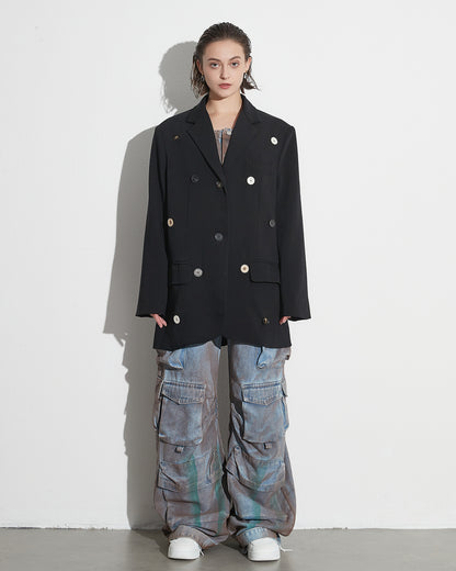 Black Blazer with Multi-Color Button Accents