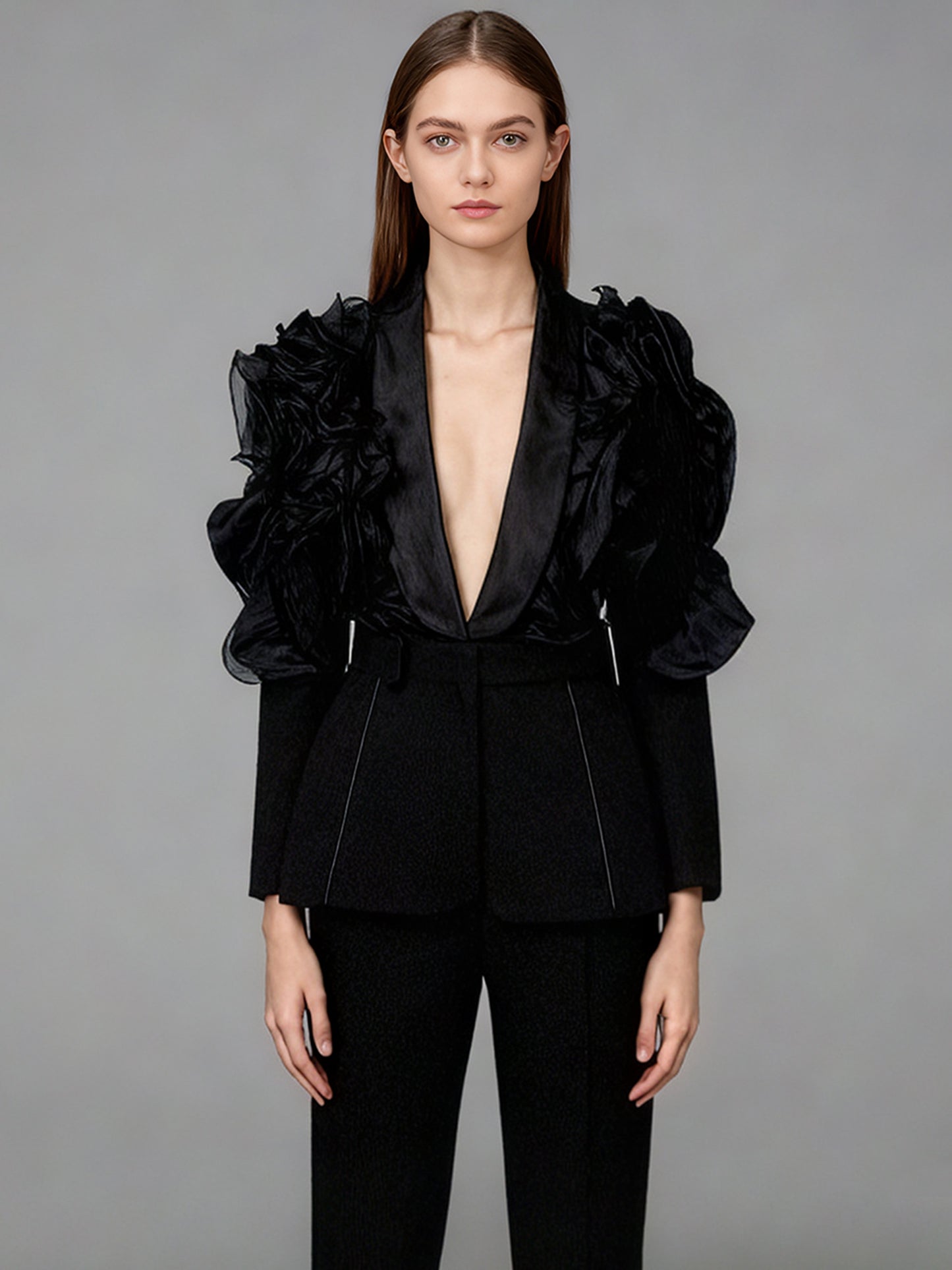 Black Blazer with Organza Ruffle Shoulder & Satin Lapel