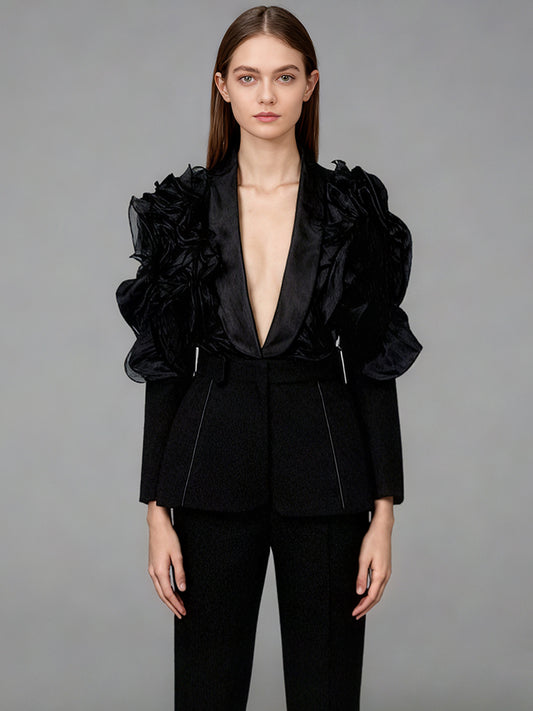 Black Blazer with Organza Ruffle Shoulder & Satin Lapel
