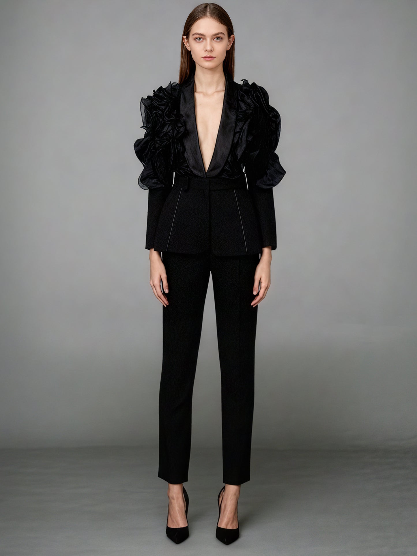Black Blazer with Organza Ruffle Shoulder & Satin Lapel