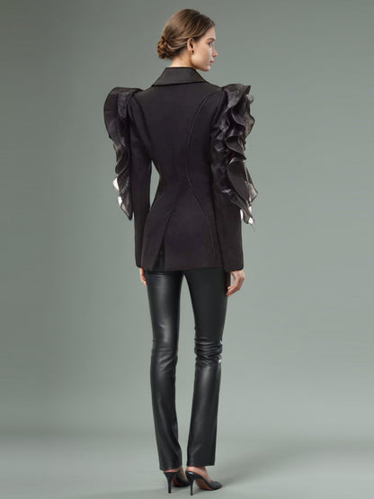 Black Blazer with Organza Ruffle Shoulder & Satin Lapel