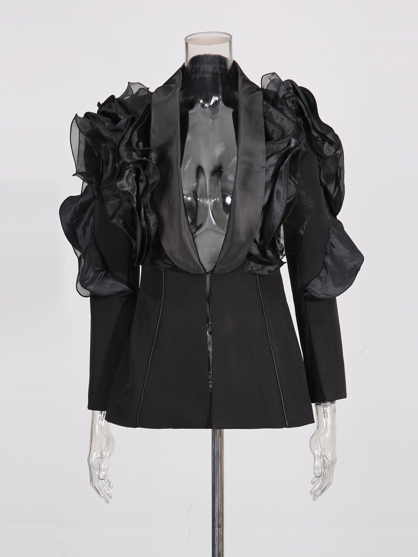 Black Blazer with Organza Ruffle Shoulder & Satin Lapel