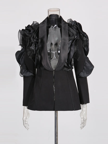 Black Blazer with Organza Ruffle Shoulder & Satin Lapel