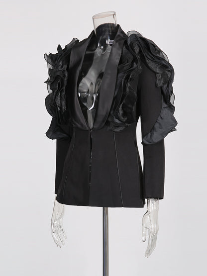 Black Blazer with Organza Ruffle Shoulder & Satin Lapel