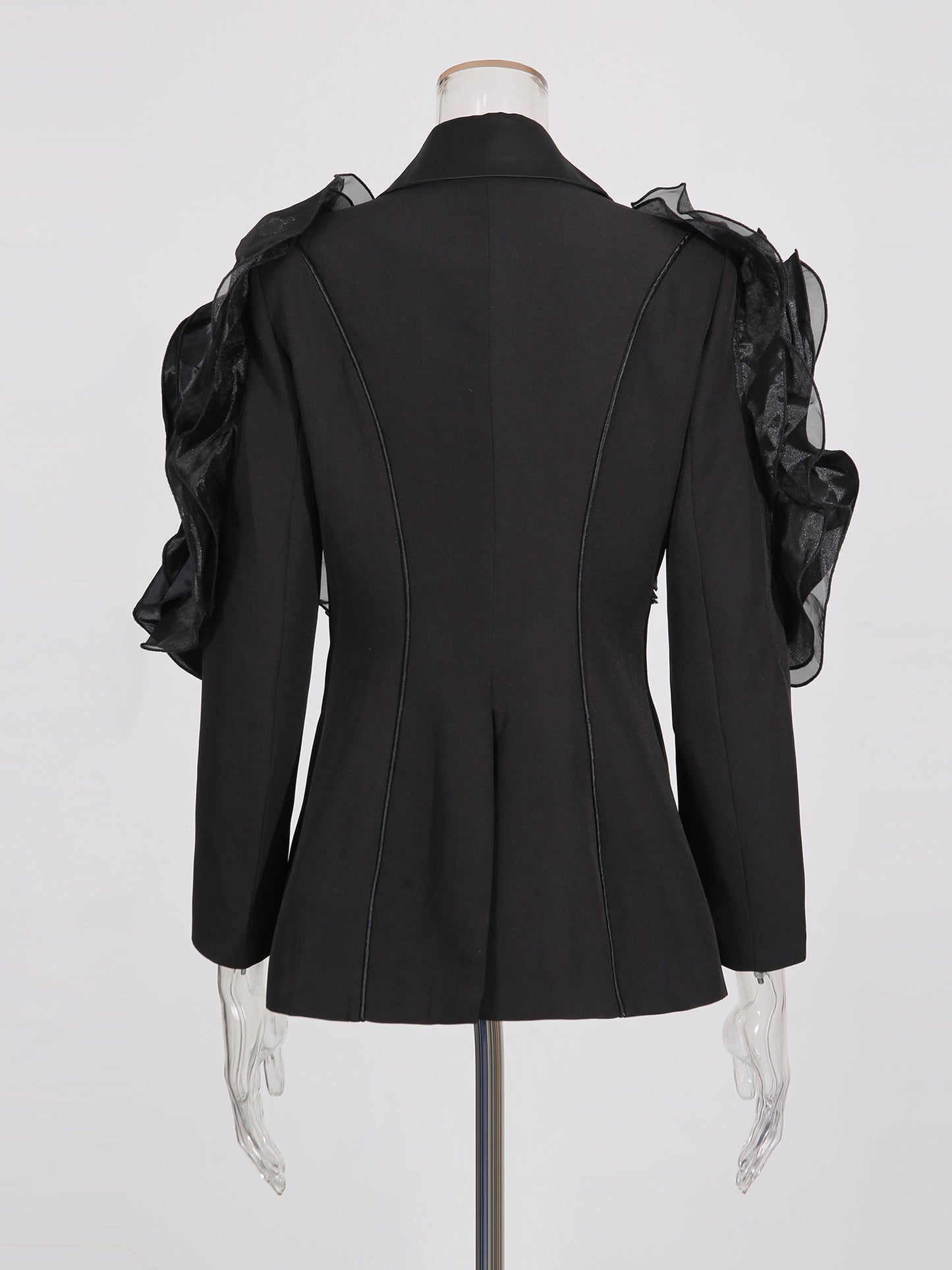Black Blazer with Organza Ruffle Shoulder & Satin Lapel
