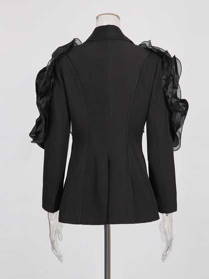 Black Blazer with Organza Ruffle Shoulder & Satin Lapel