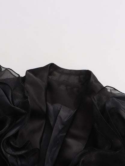 Black Blazer with Organza Ruffle Shoulder & Satin Lapel