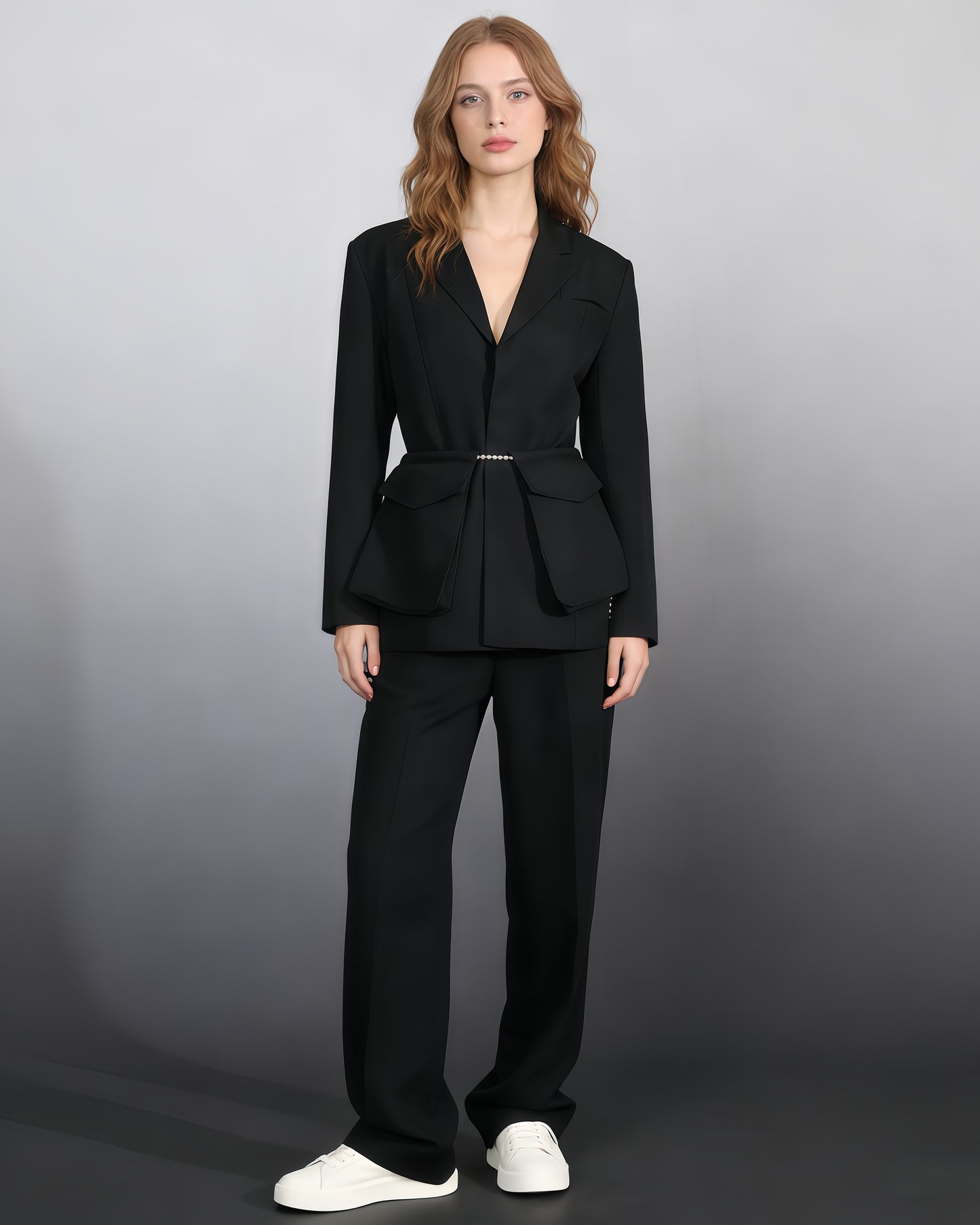 Black Blazer with Pearl Belt & Pleated Waist
