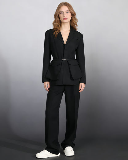 Black Blazer with Pearl Belt & Pleated Waist