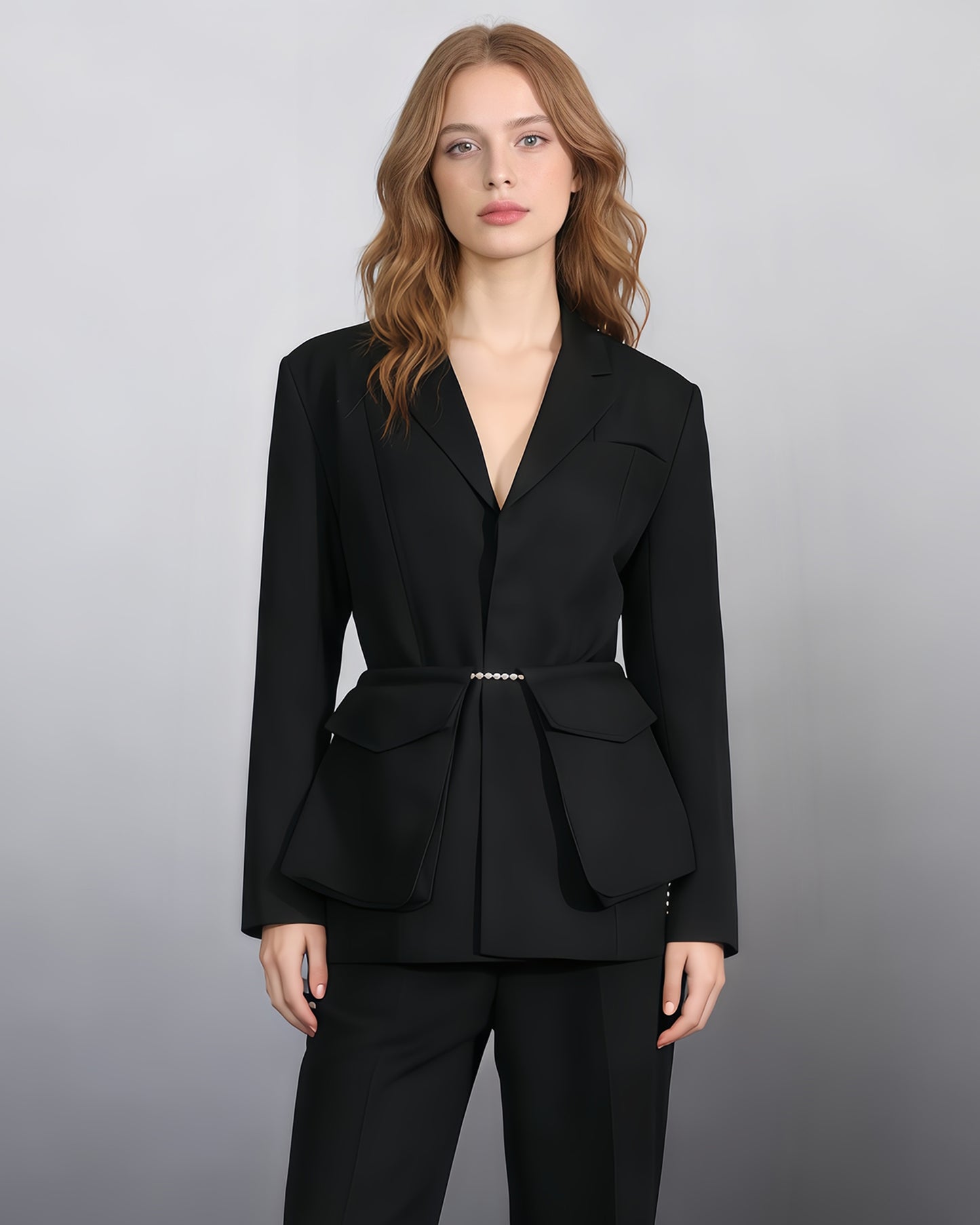 Black Blazer with Pearl Belt & Pleated Waist