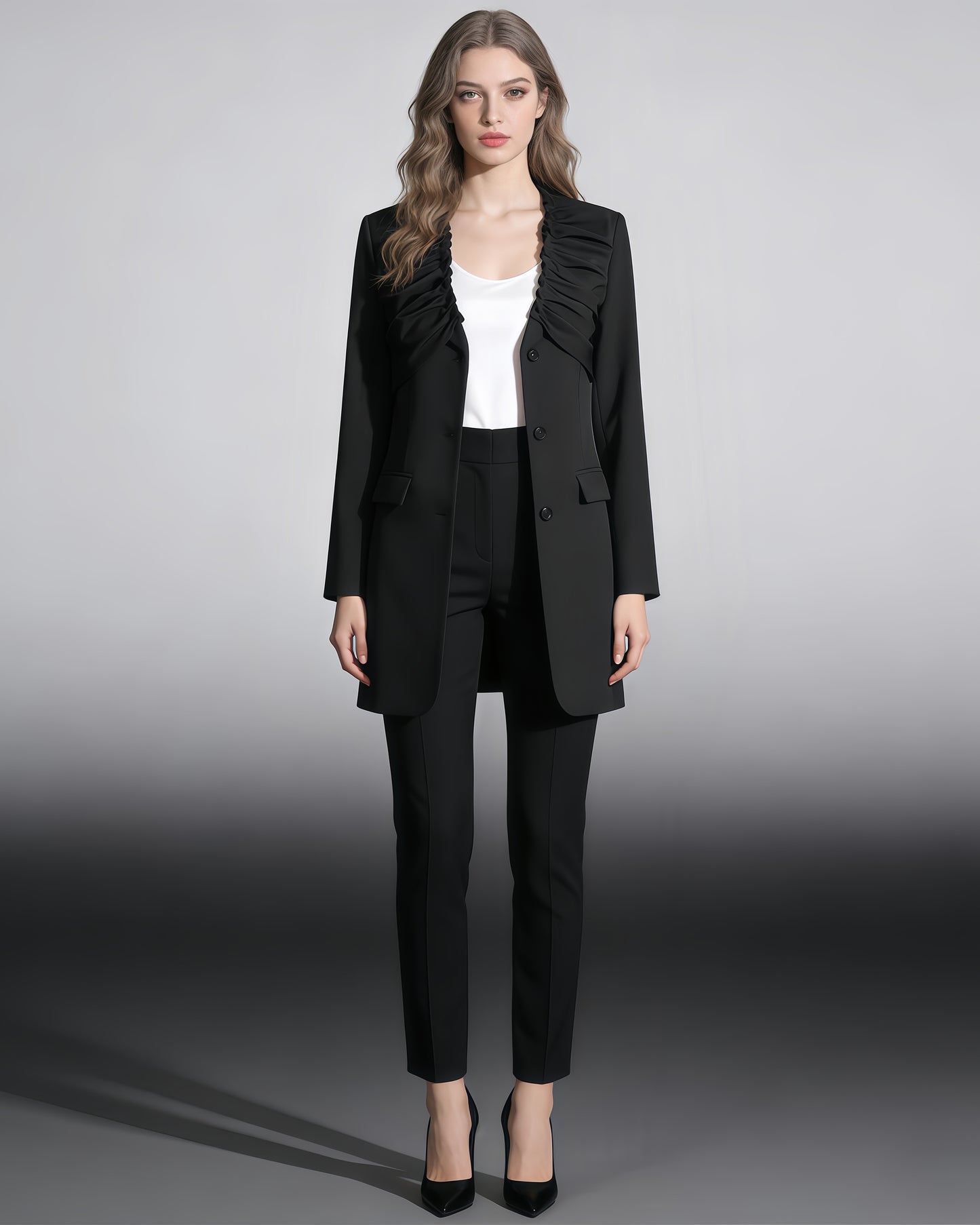 Black Blazer with Ruffled V-Neck